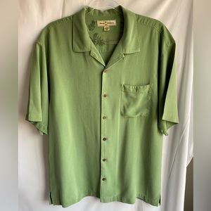 Tommy Bahama 100% Silk Men's Short Sleeve Button Down Size L Green w/ Embroidere